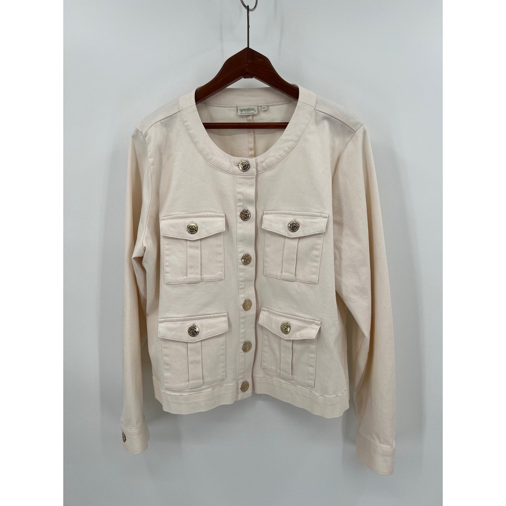Spartina 449 Kinsley XL Cream Denim Utility Jacket Gold Crest Button Collarless